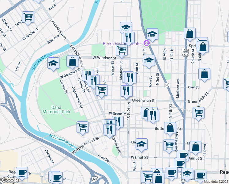 map of restaurants, bars, coffee shops, grocery stores, and more near 629 Weiser St in Reading