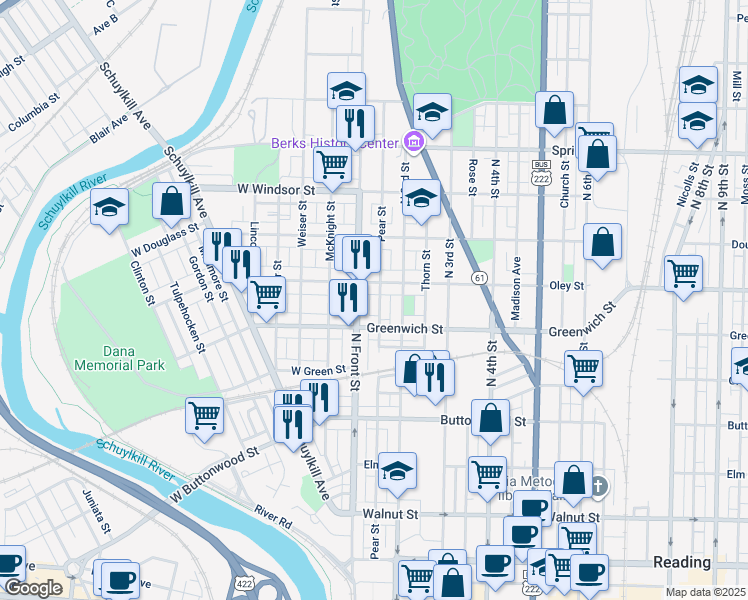 map of restaurants, bars, coffee shops, grocery stores, and more near 642 Pear Street in Reading