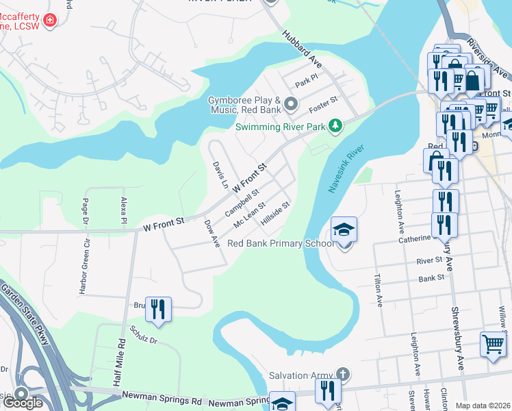 map of restaurants, bars, coffee shops, grocery stores, and more near 53 Mc Lean Street in Red Bank