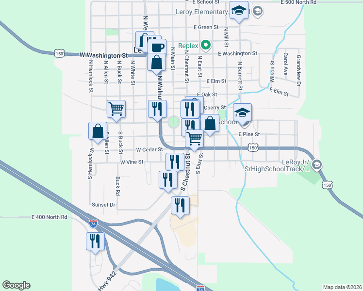 map of restaurants, bars, coffee shops, grocery stores, and more near 207 South Chestnut Street in Le Roy