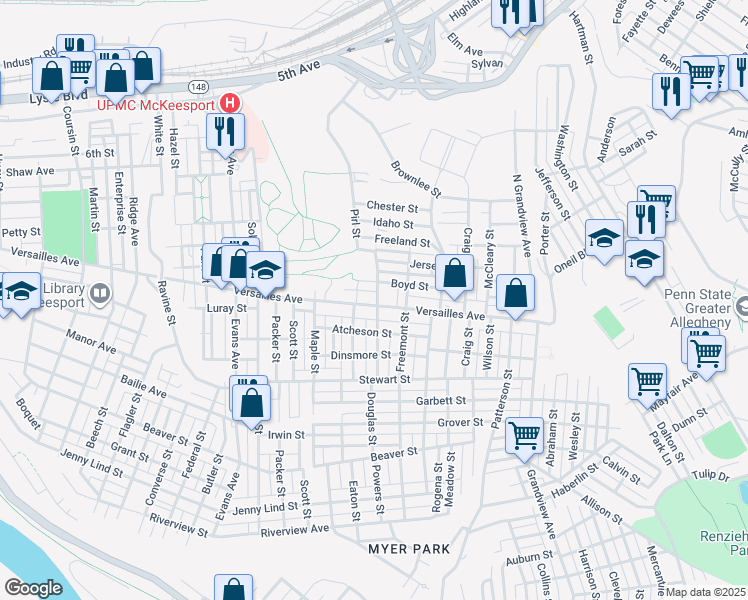 map of restaurants, bars, coffee shops, grocery stores, and more near 2813 Versailles Avenue in McKeesport