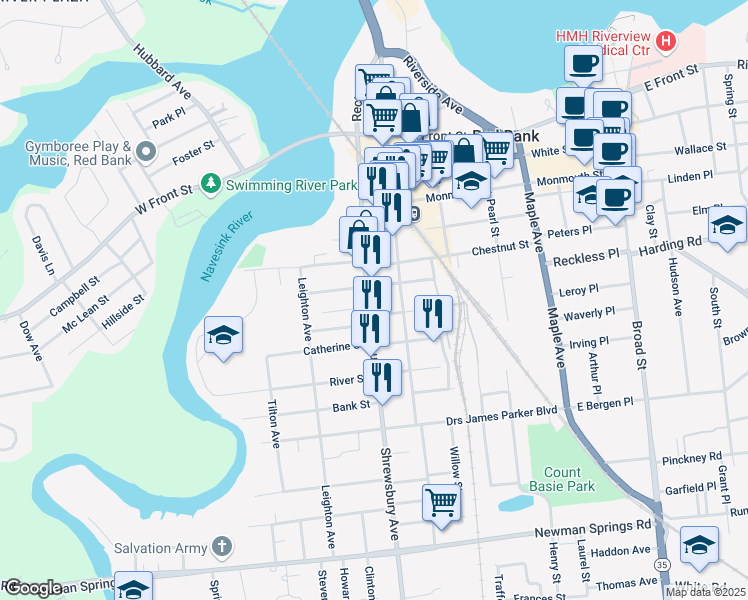 map of restaurants, bars, coffee shops, grocery stores, and more near 155 Shrewsbury Avenue in Red Bank