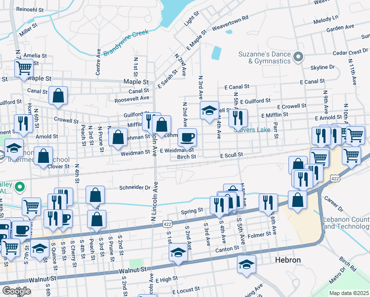 map of restaurants, bars, coffee shops, grocery stores, and more near 343 North 2nd Avenue in Lebanon