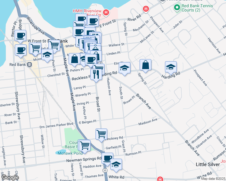 map of restaurants, bars, coffee shops, grocery stores, and more near 115 Hudson Ave in Red Bank