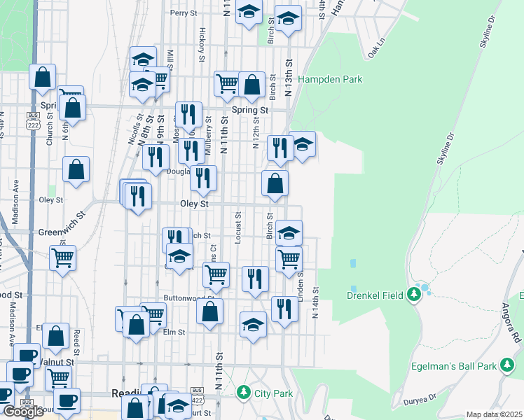 map of restaurants, bars, coffee shops, grocery stores, and more near 1214 Oley Street in Reading