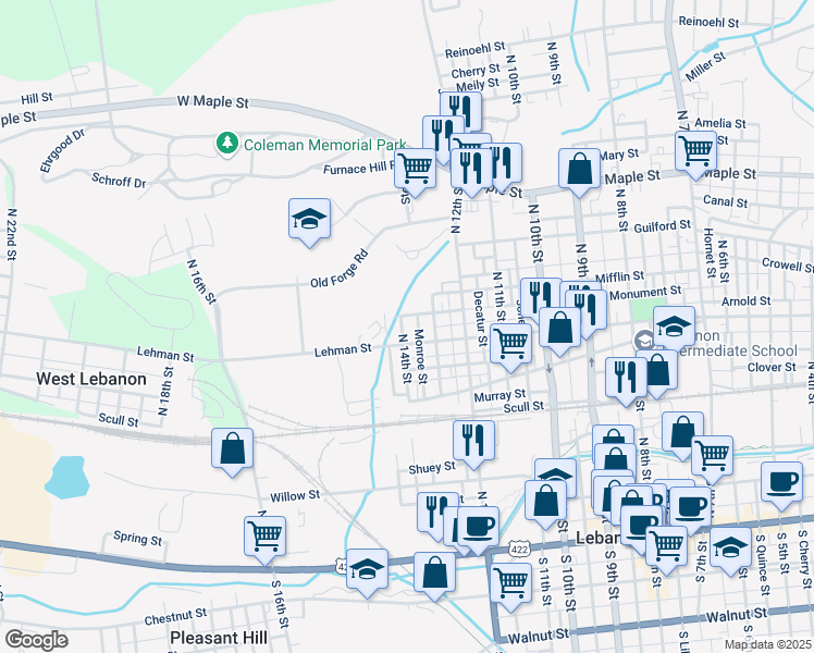 map of restaurants, bars, coffee shops, grocery stores, and more near 418 North 14th Street in Lebanon