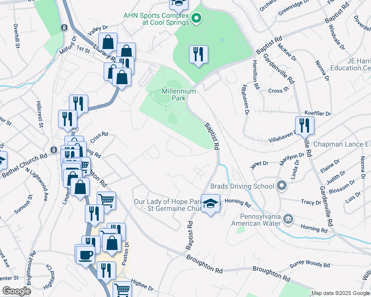 map of restaurants, bars, coffee shops, grocery stores, and more near 2015 Millennium Court in Bethel Park