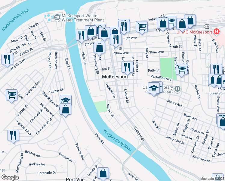 map of restaurants, bars, coffee shops, grocery stores, and more near 1021 Peebles Lane in McKeesport