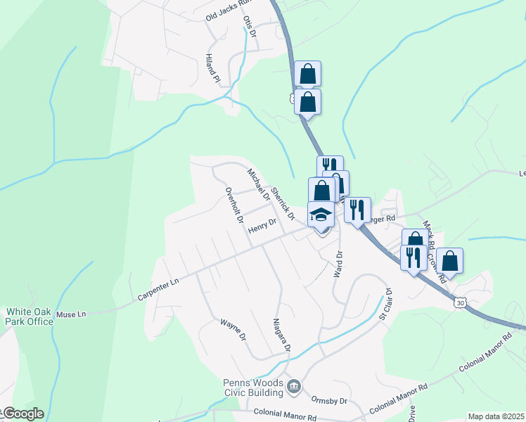 map of restaurants, bars, coffee shops, grocery stores, and more near 255 Hannah Drive in Irwin