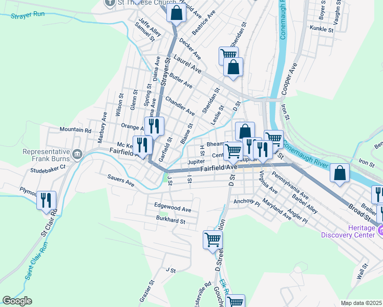map of restaurants, bars, coffee shops, grocery stores, and more near 129 I Street in Johnstown