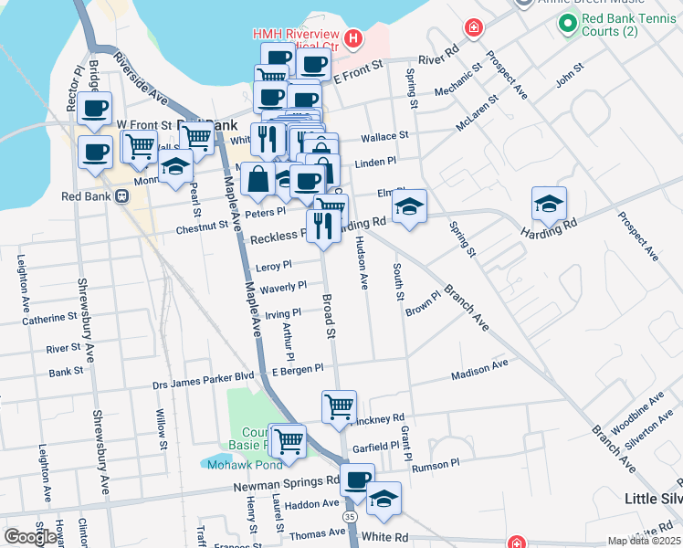 map of restaurants, bars, coffee shops, grocery stores, and more near 195 Broad St in Red Bank