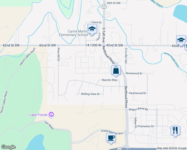 map of restaurants, bars, coffee shops, grocery stores, and more near 1431 Murrlet Street in Berthoud