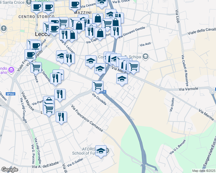 map of restaurants, bars, coffee shops, grocery stores, and more near 39 Via Edoardo de Candia in Lecce