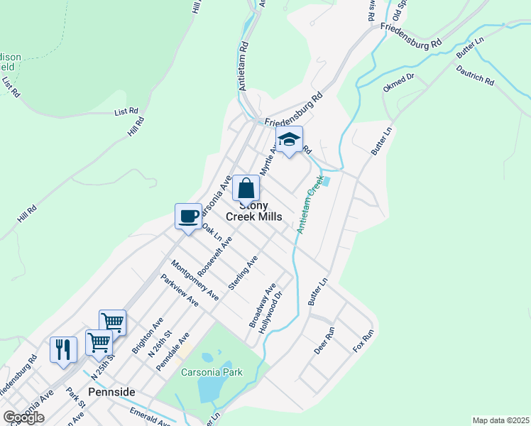 map of restaurants, bars, coffee shops, grocery stores, and more near 115 Heidelberg Avenue in Reading