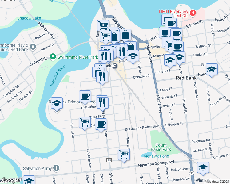 map of restaurants, bars, coffee shops, grocery stores, and more near 143 Bridge Avenue in Red Bank