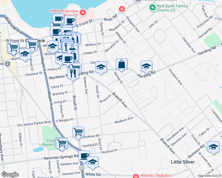 map of restaurants, bars, coffee shops, grocery stores, and more near 94 Branch Avenue in Red Bank