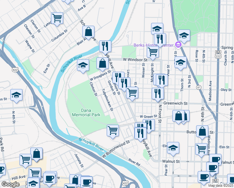 map of restaurants, bars, coffee shops, grocery stores, and more near 658 Gordon Street in Reading