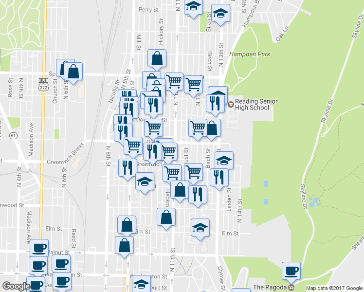 map of restaurants, bars, coffee shops, grocery stores, and more near 1118 Oley Street in Reading