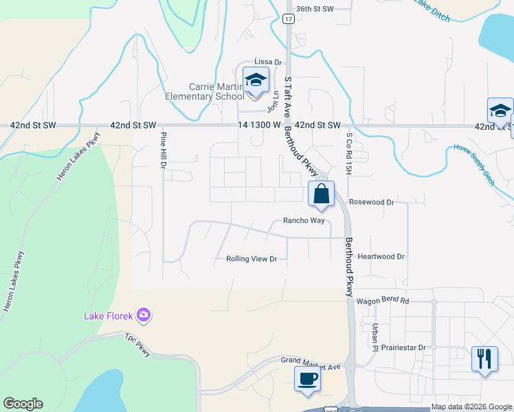 map of restaurants, bars, coffee shops, grocery stores, and more near 1431 Murrlet Street in Berthoud