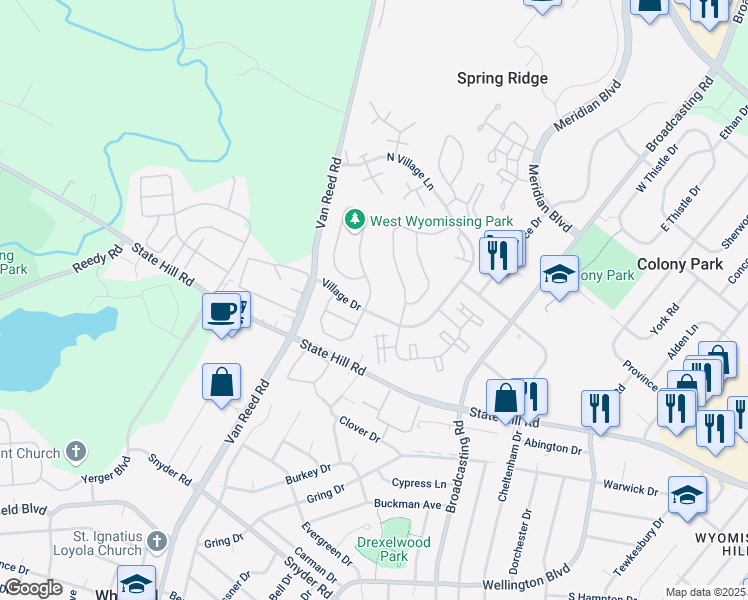 map of restaurants, bars, coffee shops, grocery stores, and more near 101 Lucinda Lane in Wyomissing