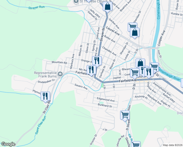 map of restaurants, bars, coffee shops, grocery stores, and more near 332 Fairfield Avenue in Johnstown