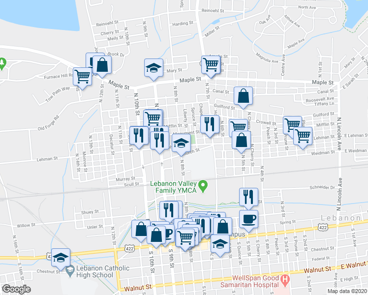 map of restaurants, bars, coffee shops, grocery stores, and more near 380 North 8th Street in Lebanon