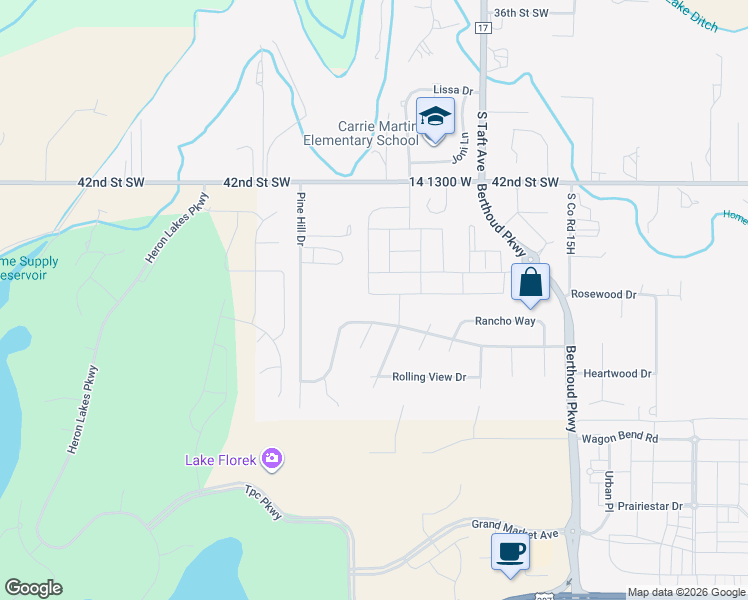 map of restaurants, bars, coffee shops, grocery stores, and more near 1633 Murrlet Street in Berthoud