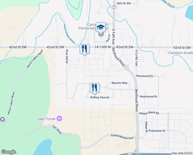 map of restaurants, bars, coffee shops, grocery stores, and more near 1501 Murrlet Street in Berthoud