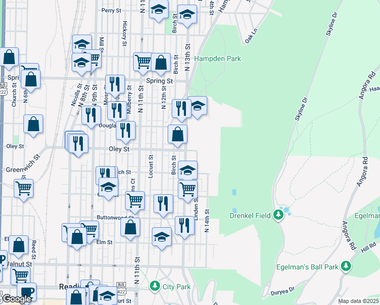 map of restaurants, bars, coffee shops, grocery stores, and more near 651 North 13th Street in Reading