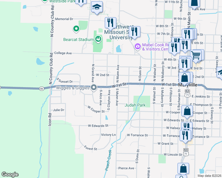 map of restaurants, bars, coffee shops, grocery stores, and more near 820 West 1st Street in Maryville