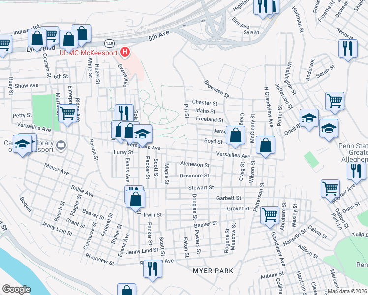 map of restaurants, bars, coffee shops, grocery stores, and more near 2721 Versailles Avenue in McKeesport