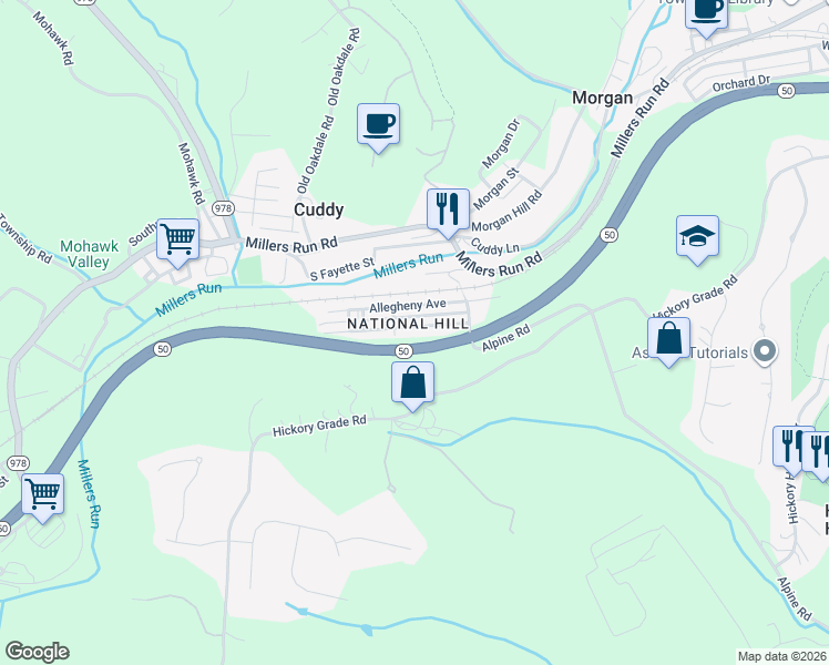 map of restaurants, bars, coffee shops, grocery stores, and more near 107 Campbell Avenue in Cuddy