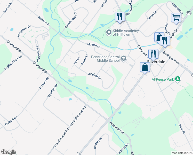 map of restaurants, bars, coffee shops, grocery stores, and more near 434 Longleaf Drive in Perkasie