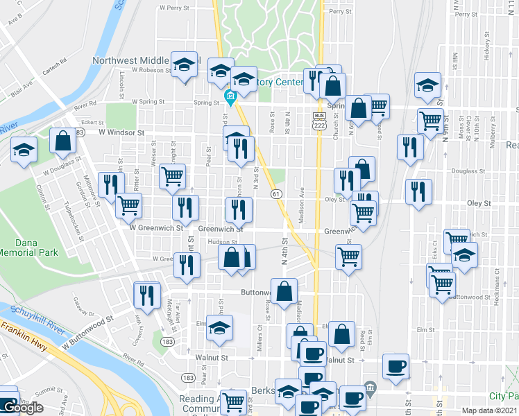 map of restaurants, bars, coffee shops, grocery stores, and more near 643 North 3rd Street in Reading