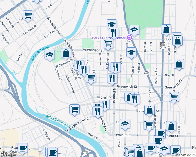 map of restaurants, bars, coffee shops, grocery stores, and more near 629 Weiser Street in Reading