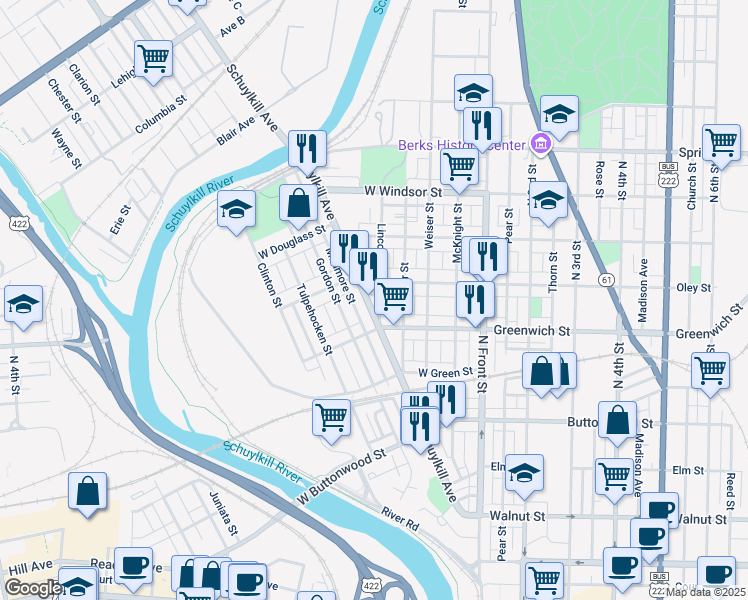 map of restaurants, bars, coffee shops, grocery stores, and more near 636 Schuylkill Avenue in Reading