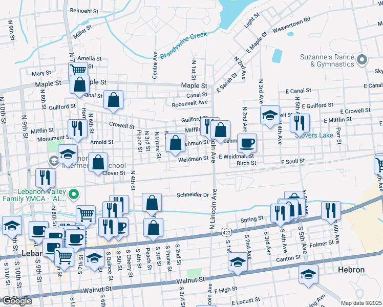 map of restaurants, bars, coffee shops, grocery stores, and more near 355 Harrison Street in Lebanon