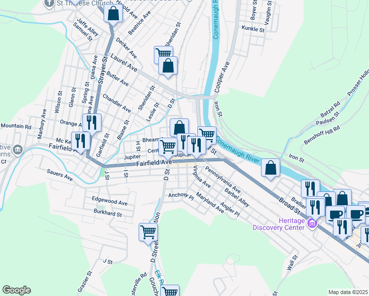 map of restaurants, bars, coffee shops, grocery stores, and more near 126 C Street in Johnstown