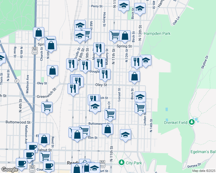 map of restaurants, bars, coffee shops, grocery stores, and more near 1038 Oley Street in Reading