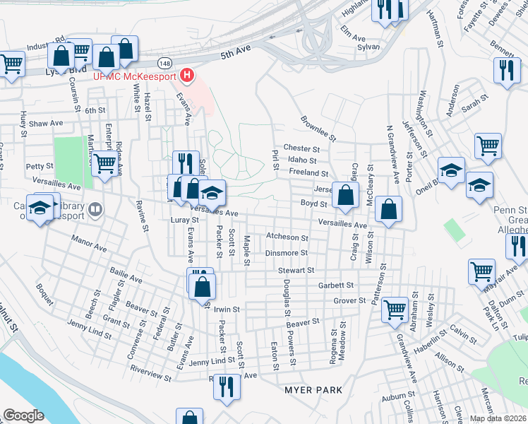 map of restaurants, bars, coffee shops, grocery stores, and more near 2721 Versailles Avenue in McKeesport