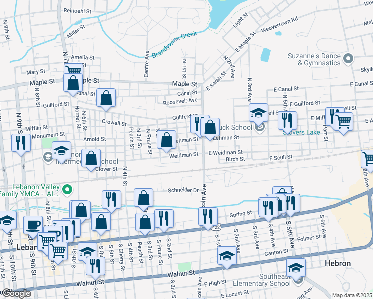 map of restaurants, bars, coffee shops, grocery stores, and more near 355 Harrison Street in Lebanon
