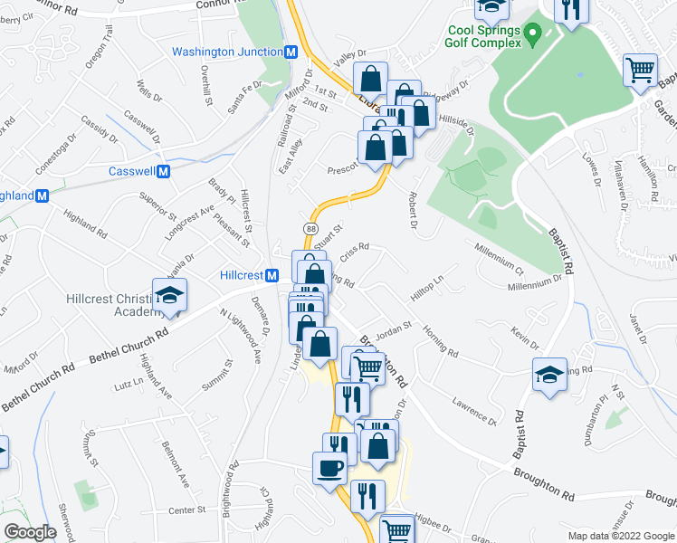 map of restaurants, bars, coffee shops, grocery stores, and more near 4871 Criss Road in Bethel Park