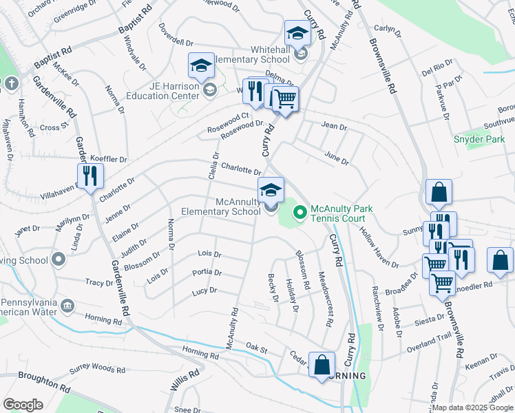 map of restaurants, bars, coffee shops, grocery stores, and more near 5151 McAnulty Road in Pittsburgh