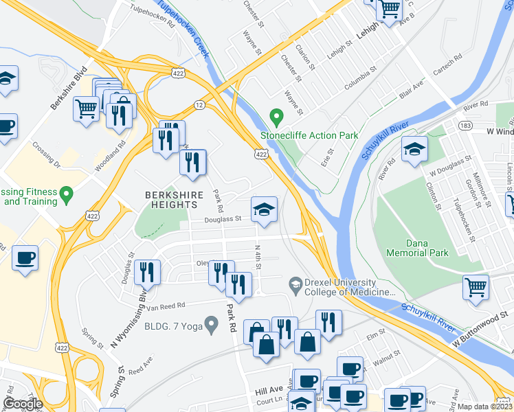 map of restaurants, bars, coffee shops, grocery stores, and more near 811 North 4th Street in Wyomissing