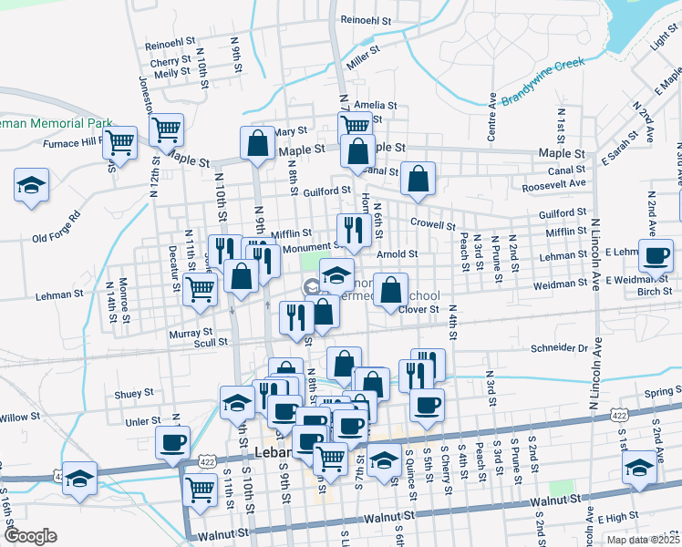 map of restaurants, bars, coffee shops, grocery stores, and more near 722 Lehman Street in Lebanon