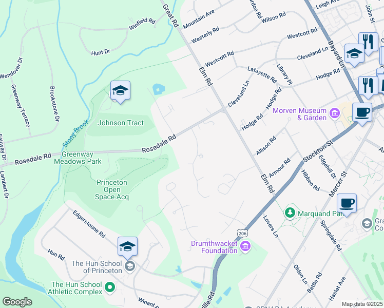 map of restaurants, bars, coffee shops, grocery stores, and more near 49 Constitution Hill West in Princeton
