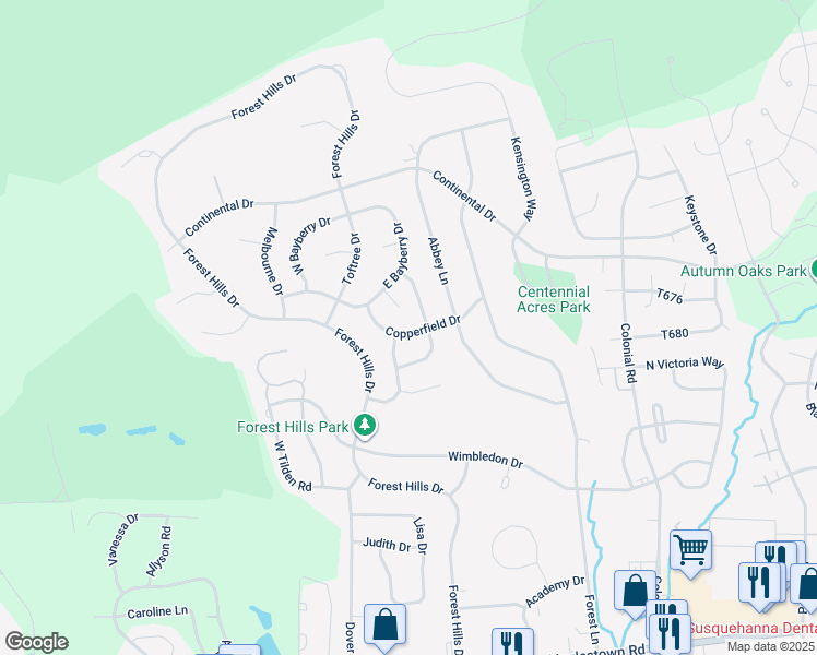 map of restaurants, bars, coffee shops, grocery stores, and more near 4108 Copperfield Drive in Harrisburg