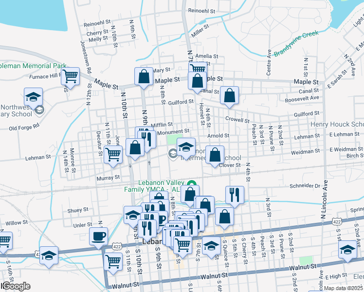 map of restaurants, bars, coffee shops, grocery stores, and more near 734 Lehman Street in Lebanon