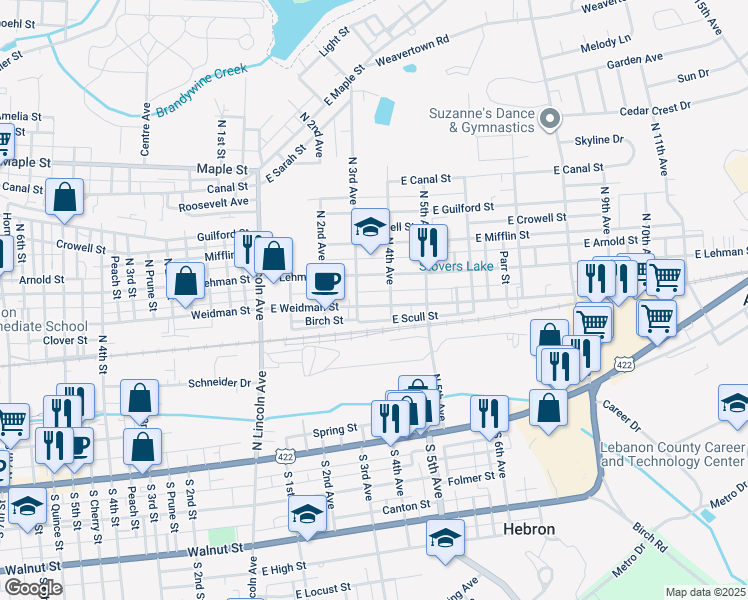 map of restaurants, bars, coffee shops, grocery stores, and more near 321 East Weidman Street in Lebanon