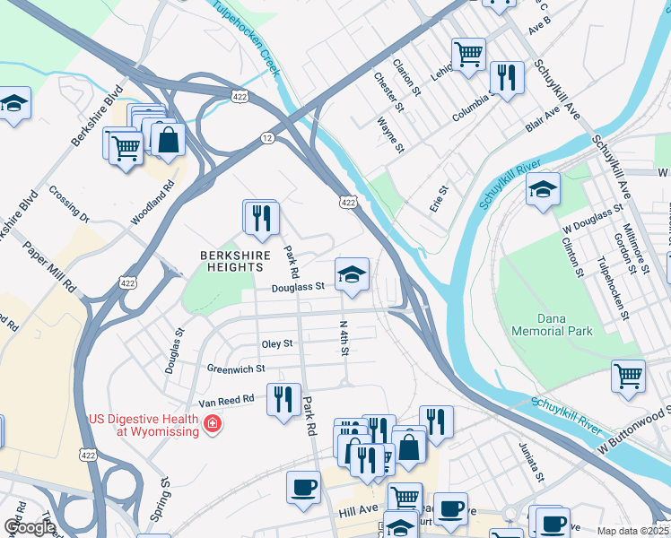 map of restaurants, bars, coffee shops, grocery stores, and more near 812 North 4th Street in Wyomissing